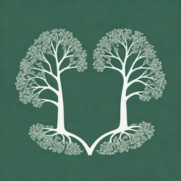 Create a green and white negative space logo consisting of two identical trees side by side, where the negative space formed by the tree branches constructs a floral pattern in the background.