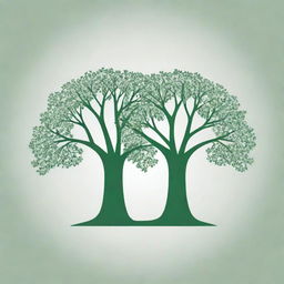 Create a green and white negative space logo consisting of two identical trees side by side, where the negative space formed by the tree branches constructs a floral pattern in the background.