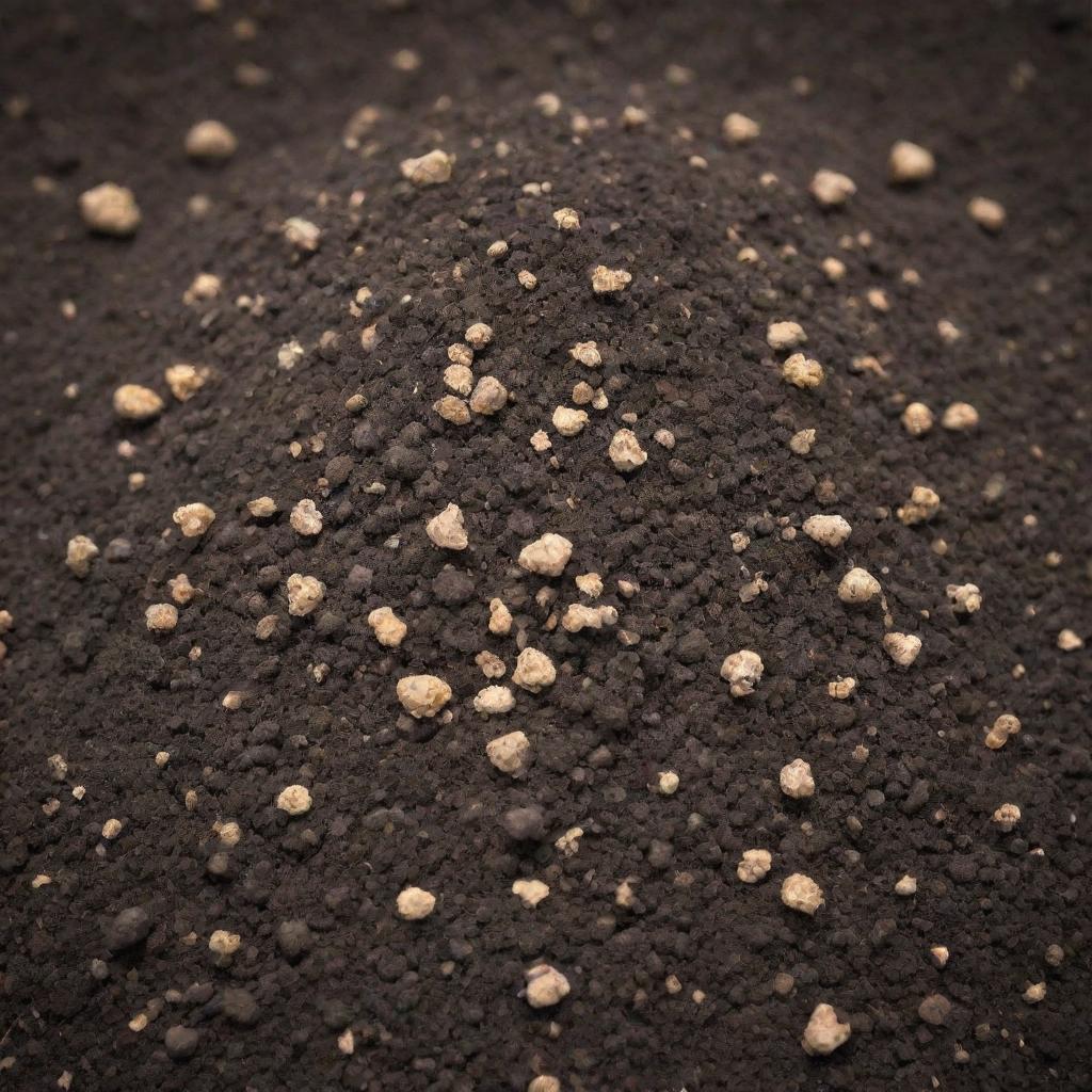 A detailed close-up of fertilizer granules dispersed in nutrient-rich soil.