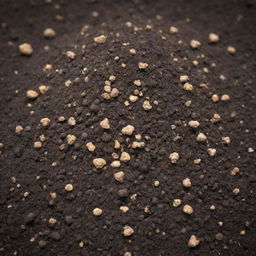 A detailed close-up of fertilizer granules dispersed in nutrient-rich soil.