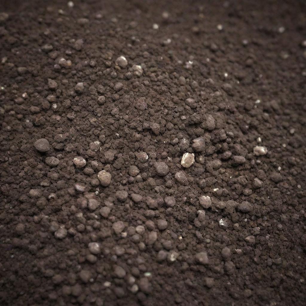 A detailed close-up of fertilizer granules dispersed in nutrient-rich soil.