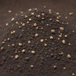 A detailed close-up of fertilizer granules dispersed in nutrient-rich soil.