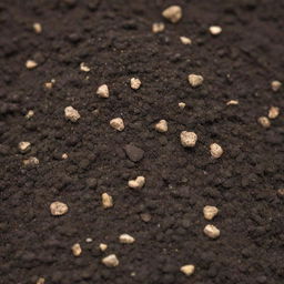 A detailed close-up of fertilizer granules dispersed in nutrient-rich soil.