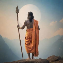 Depict Shri Ram from a behind perspective, wearing his traditional attire, standing proud and tall exploring a divine backdrop. Infuse the image with peace, spirituality, and divine aura.