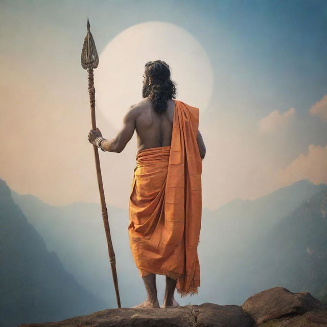 Depict Shri Ram from a behind perspective, wearing his traditional attire, standing proud and tall exploring a divine backdrop. Infuse the image with peace, spirituality, and divine aura.