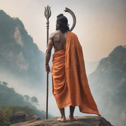 Depict Shri Ram from a behind perspective, wearing his traditional attire, standing proud and tall exploring a divine backdrop. Infuse the image with peace, spirituality, and divine aura.