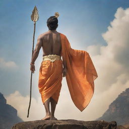 Depict Shri Ram from a behind perspective, wearing his traditional attire, standing proud and tall exploring a divine backdrop. Infuse the image with peace, spirituality, and divine aura.