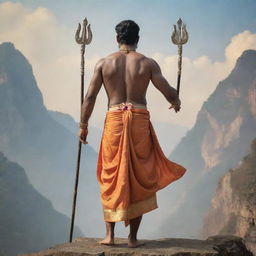 Depict Shri Ram from a behind perspective, wearing his traditional attire, standing proud and tall exploring a divine backdrop. Infuse the image with peace, spirituality, and divine aura.