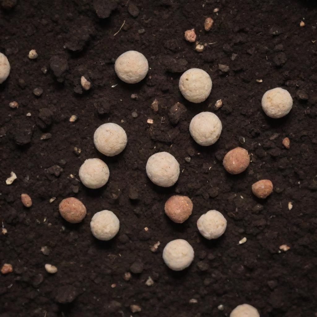 A microscopic view of fertilizer grains nestled within a rich, dark soil.