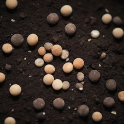 A microscopic view of fertilizer grains nestled within a rich, dark soil.