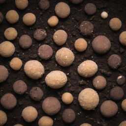 A microscopic view of fertilizer grains nestled within a rich, dark soil.