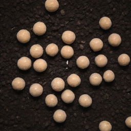 A microscopic view of fertilizer grains nestled within a rich, dark soil.