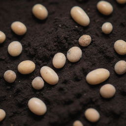 A magnified view of small, potent fertilizer grains embedded within moist, dark soil.