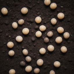 A magnified view of small, potent fertilizer grains embedded within moist, dark soil.