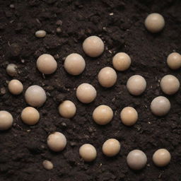 A magnified view of small, potent fertilizer grains embedded within moist, dark soil.