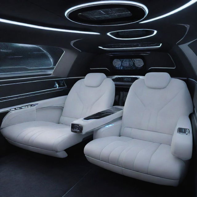 A detailed image of a 22nd-century (2100s) limousine, featuring an ultra-futuristic design, luxurious interiors and advanced autonomous driving capabilities.