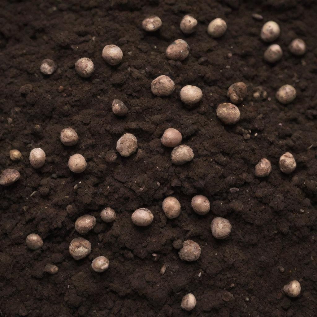 A subtly magnified view of tiny, potent fertilizer grains scattered throughout rich, dark soil.