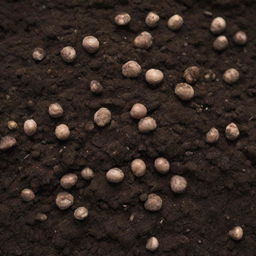 A subtly magnified view of tiny, potent fertilizer grains scattered throughout rich, dark soil.