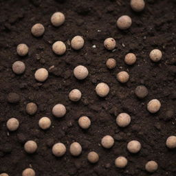 A subtly magnified view of tiny, potent fertilizer grains scattered throughout rich, dark soil.