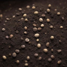 A subtly magnified view of tiny, potent fertilizer grains scattered throughout rich, dark soil.