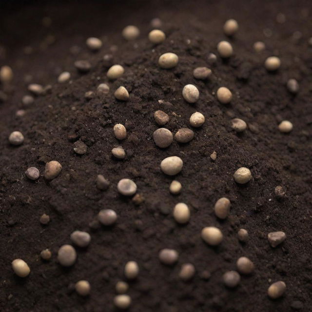 A subtly magnified view of tiny, potent fertilizer grains scattered throughout rich, dark soil.