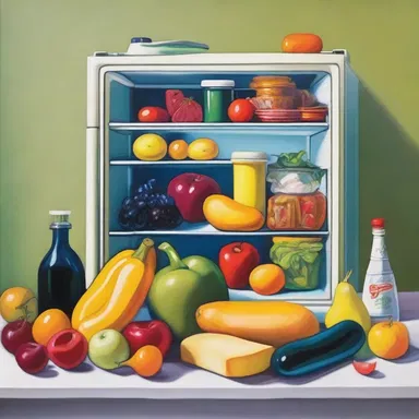 The artist painted a still life masterpiece featuring a fridge filled with colorful food items, symbolizing sustenance and abundance.