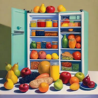 The artist painted a still life masterpiece featuring a fridge filled with colorful food items, symbolizing sustenance and abundance.