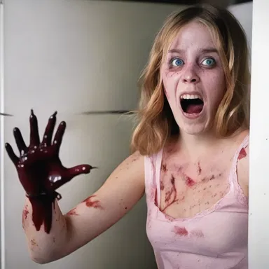 As Emily opened the fridge late at night, she found a severed hand inside, causing her to scream in terror.