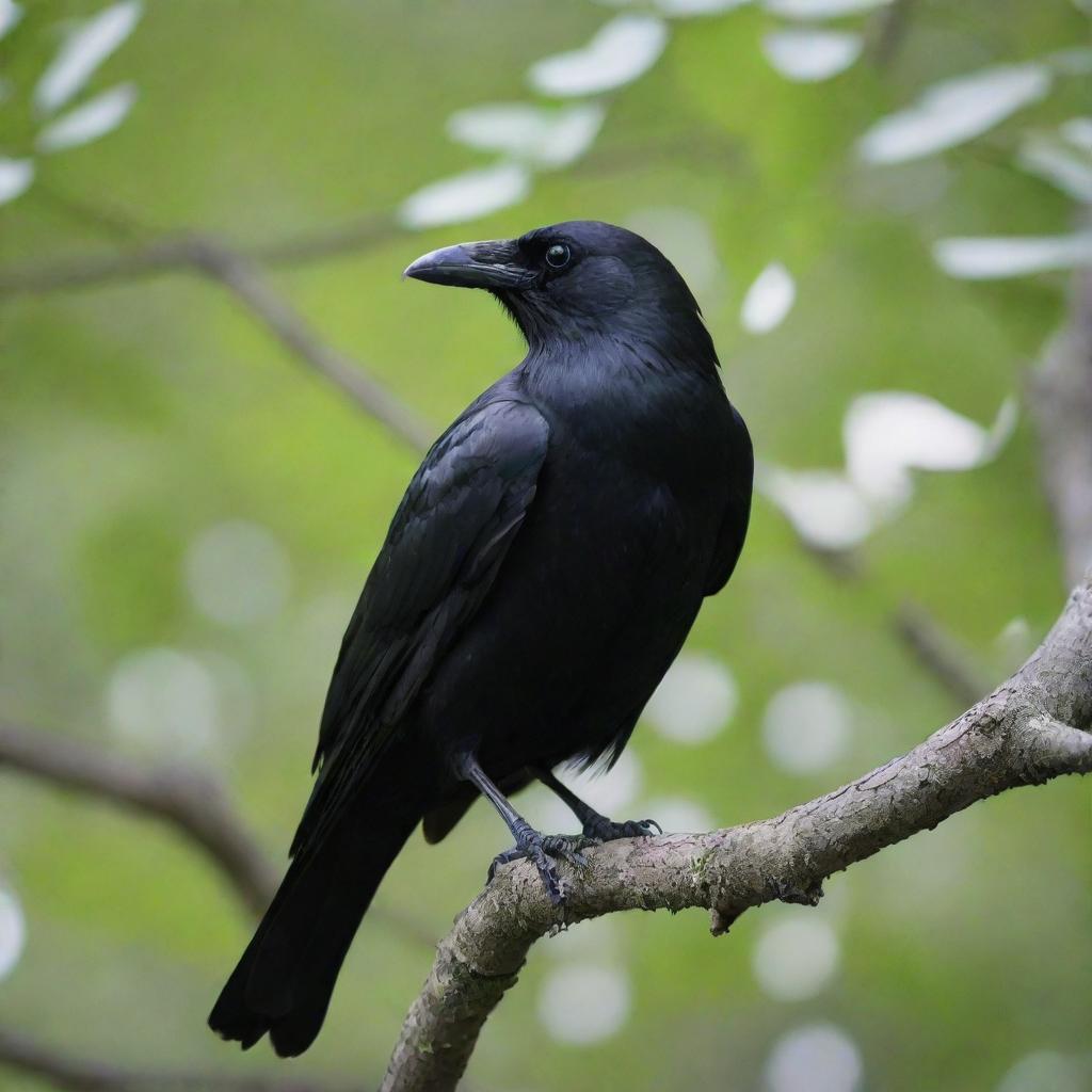 A sleek, black crow perched watchfully on the branch of a towering, leafy tree.