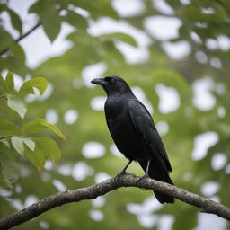 A sleek, black crow perched watchfully on the branch of a towering, leafy tree.