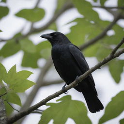 A sleek, black crow perched watchfully on the branch of a towering, leafy tree.