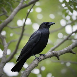 A sleek, black crow perched watchfully on the branch of a towering, leafy tree.