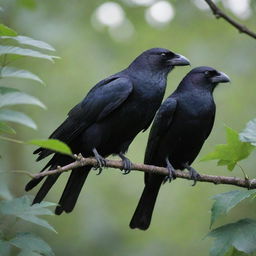 Two sleek, black crows finely perched on the sturdy branch of a leaf-laden tree.