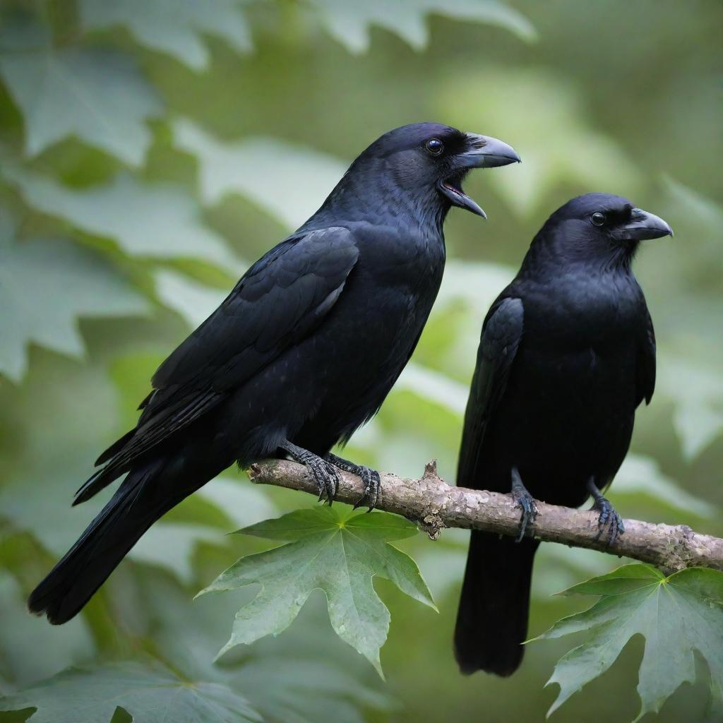 Two sleek, black crows finely perched on the sturdy branch of a leaf-laden tree.