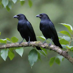 Two sleek, black crows finely perched on the sturdy branch of a leaf-laden tree.