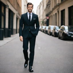 A stylish man wearing a sharp suit paired with chunky black boots.