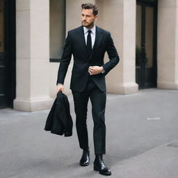 A stylish man wearing a sharp suit paired with chunky black boots.