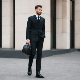 A stylish man wearing a sharp suit paired with chunky black boots.