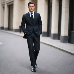 A stylish man wearing a sharp suit paired with chunky black boots.