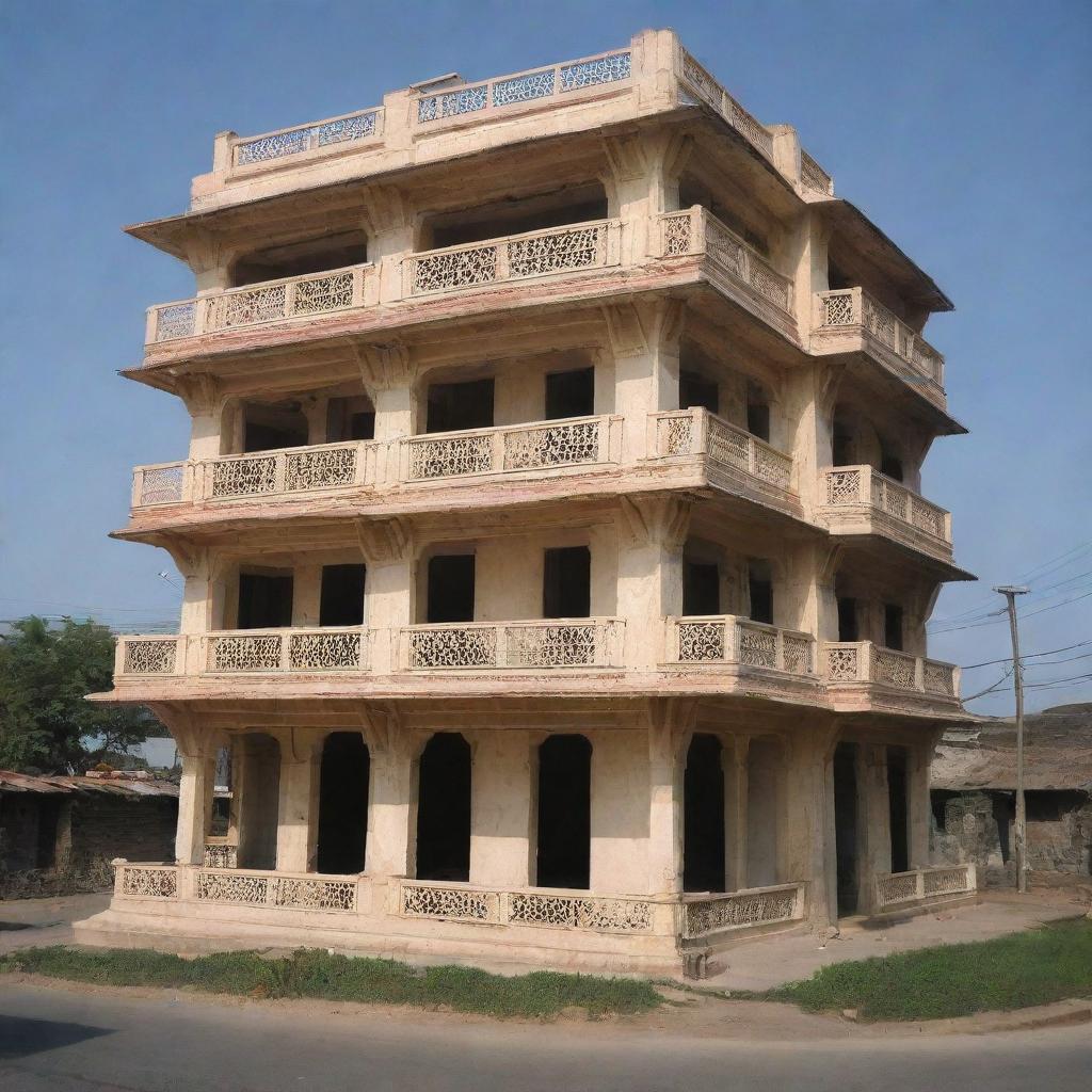 A four-story, 1200 square foot building with architectural elements typical of India.