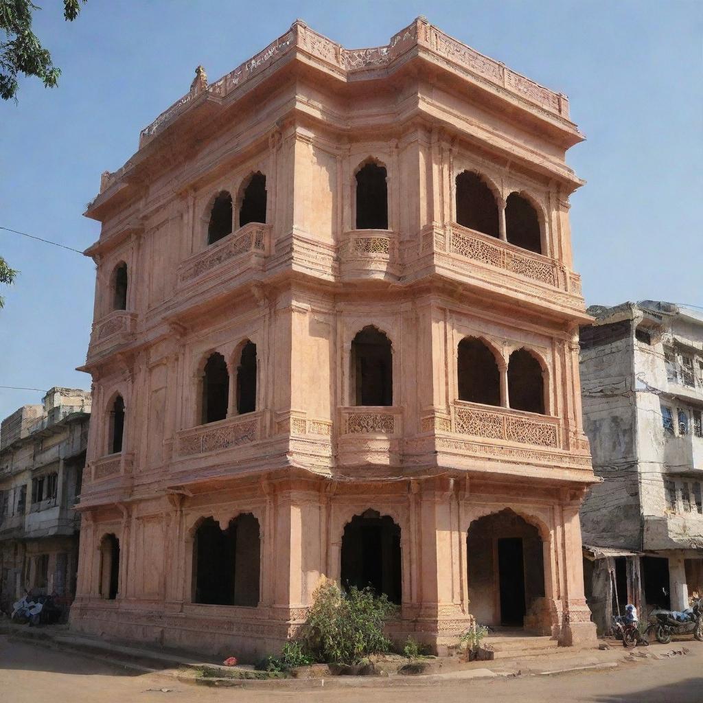 A four-story, 1200 square foot building with architectural elements typical of India.