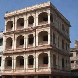 A four-story, 1200 square foot building with architectural elements typical of India.