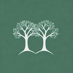 Design a green and white negative space logo featuring two identical trees in the foreground. The negative space between the branches should form a flower for a garden website.