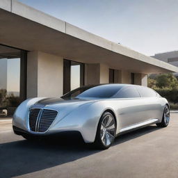 A striking image of a 2050s limousine, reimagined with ultra-modern design, high-tech features, luxury interiors, and utilizing sustainable energy sources.