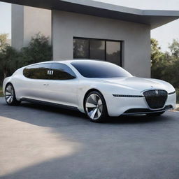 A striking image of a 2050s limousine, reimagined with ultra-modern design, high-tech features, luxury interiors, and utilizing sustainable energy sources.