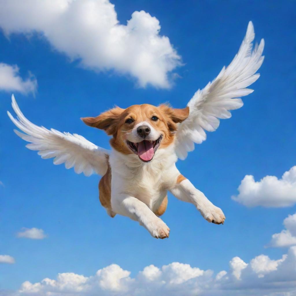 A joyful dog with wings, soaring high in the vibrant blue sky with fluffy white clouds.