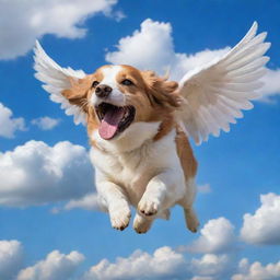 A joyful dog with wings, soaring high in the vibrant blue sky with fluffy white clouds.