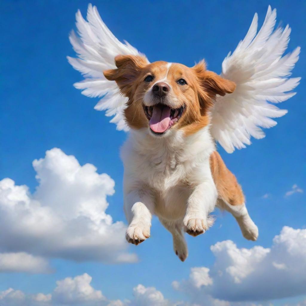 A joyful dog with wings, soaring high in the vibrant blue sky with fluffy white clouds.