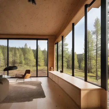 The cabin's design incorporated large windows and open spaces to create a connection with the outdoor surroundings.
