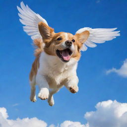 A joyful dog with wings, soaring high in the vibrant blue sky with fluffy white clouds.